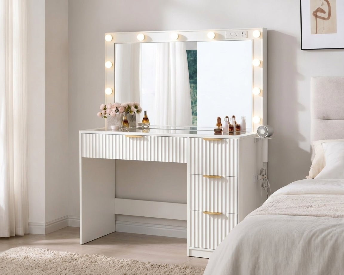 Amara Fluted Vanity Desk with LED Hollywood Mirror & Tempered Glass Storage Top