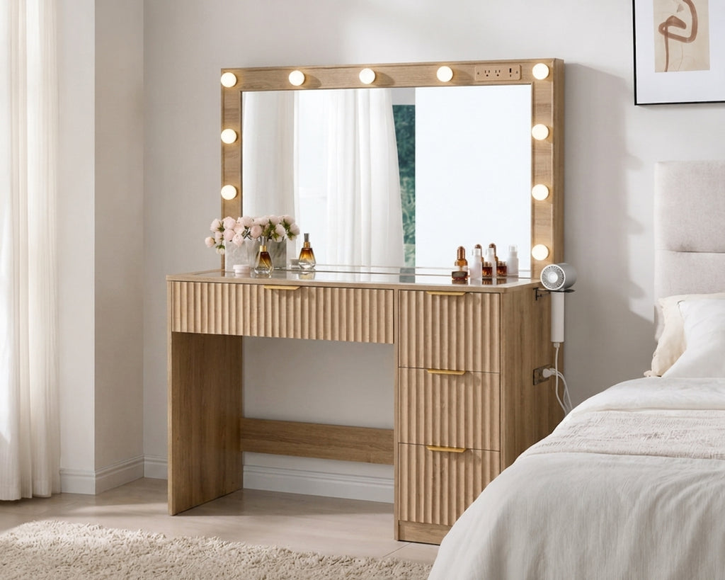 Amara Fluted Vanity Desk with LED Hollywood Mirror & Tempered Glass Storage Top