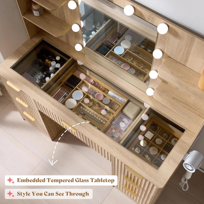 Amara Fluted Vanity Desk with LED Hollywood Mirror & Tempered Glass Storage Top